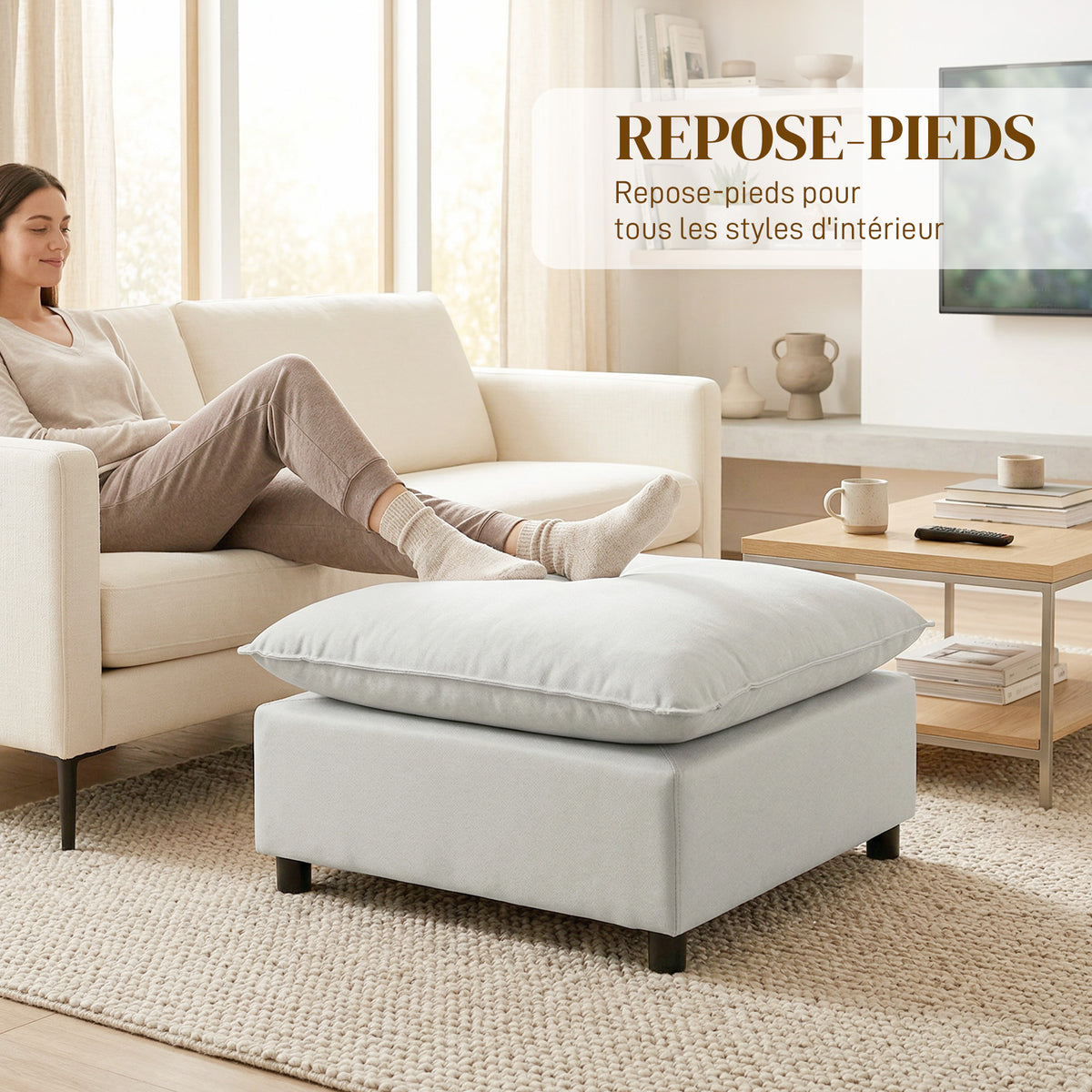 Repose pied salon carré, ottoman avec pieds en plastique, pouf salon pour chambre à coucher, entrée, 75x75x40 cm, gris-3