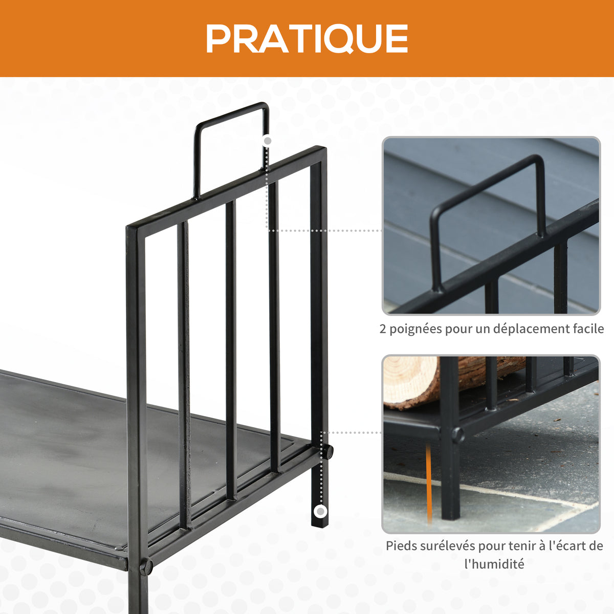 Range bûches Porte-bûches Etagère porte bois de cheminée charge max. 15 Kg dim. 44L x 33l x 46H cm métal époxy noir-4