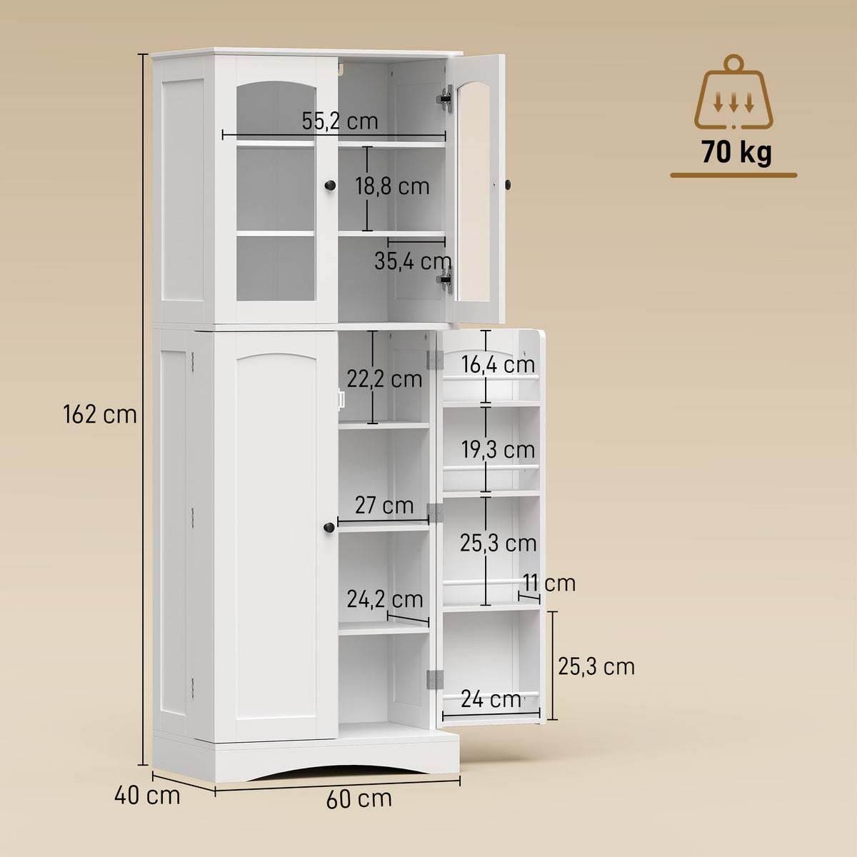 Buffet haut cuisine, vaisselier vitrine en acrylique, 4 portes, 10 compartiments, 8 porte-racks, 60 x 40 x 162 cm, blanc-2
