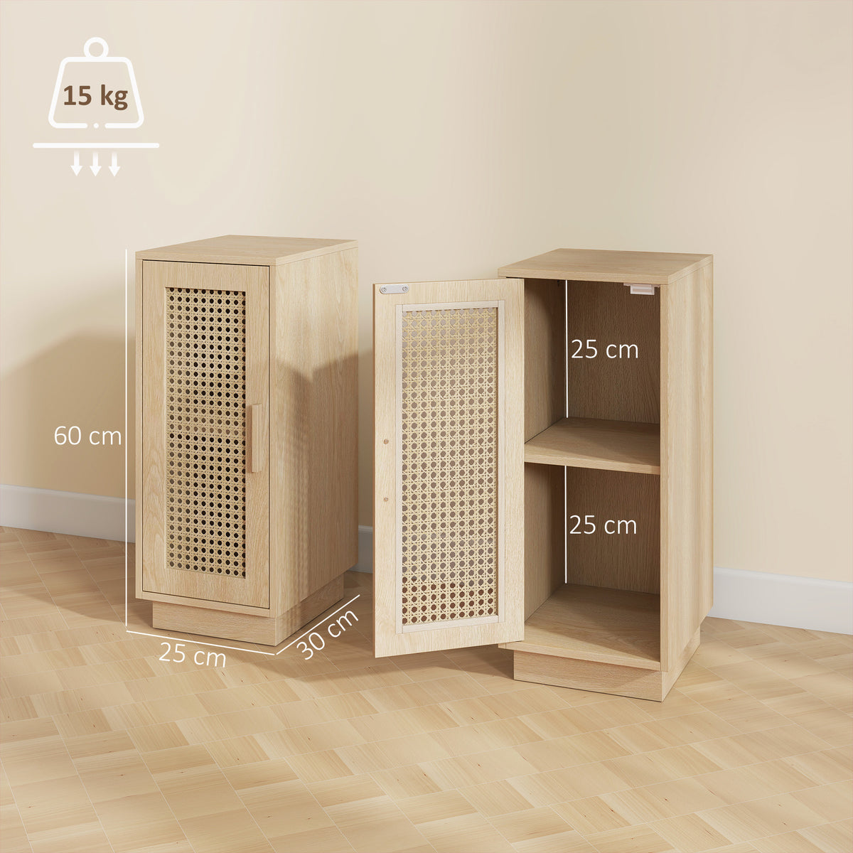 Lot de 2 Tables de Chevet, Étagère Réglable et Porte en Résine Tressée, Style Bohème, 25 x 30 x 60 cm, Bois Naturel-2