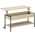 Table basse avec plateau relevable, table de salon avec compartiment caché et étagère ouverte, 95x40x59cm, bois naturel-0