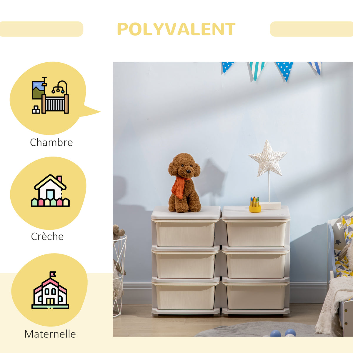 Organisateur de jouets pour enfants à 3 niveaux avec 6 tiroirs, boîtes de rangement en plastique, 75x37x56,5cm, crème-4