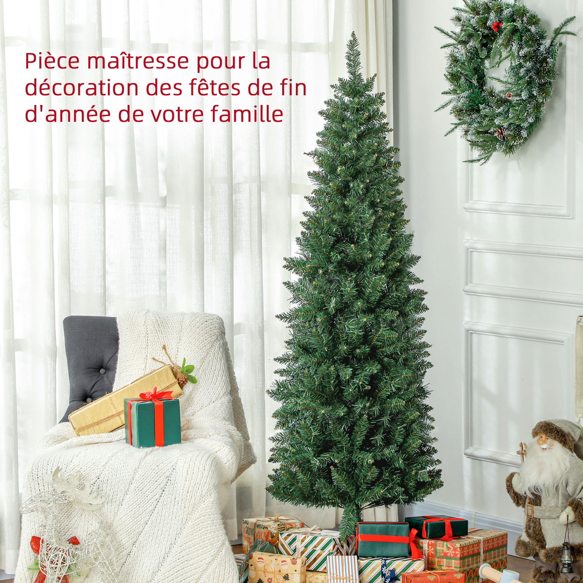 Sapin de Noël Artificiel 180 cm Arbre de Noël Slim avec support en acier pliable, 479 branches épines Vert-3