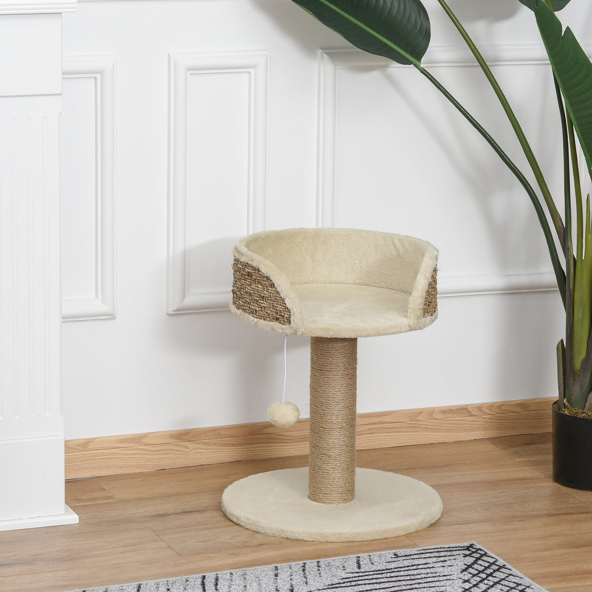 Arbre à chat arbre à grimper grattoir design jeu pompon suspendu + plateforme peluche 40 x 40 x 49 cm sisal beige-1