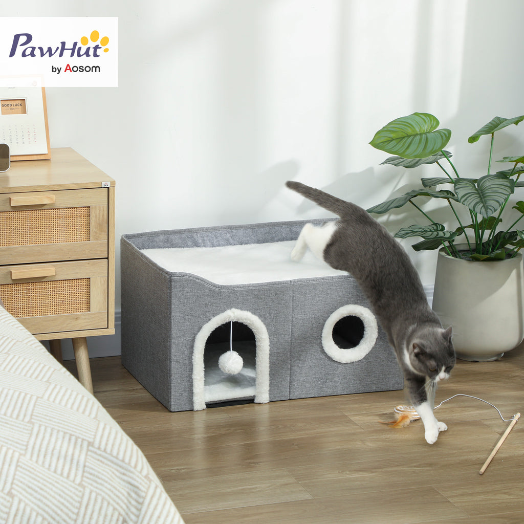 Niche Chat Interieur Pliable avec Griffoir, Lit Surélevé, Entrées, Jouet Suspendu, Coussin Réversible, 60x40x34cm, Gris-9