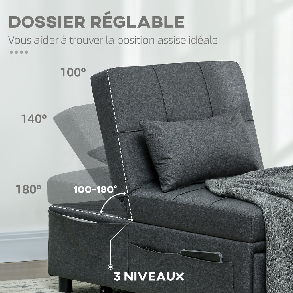 Fauteuil convertible 1 place fauteuil lit avec dossier réglable, siège rembourré et oreiller, gris-4