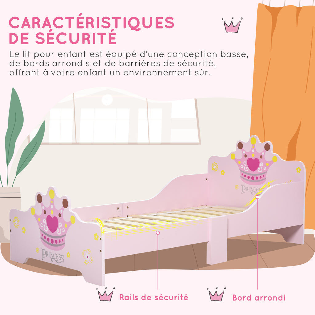 Lit Enfant et Ensemble table et chaises enfant - Design Princesse Motif Couronne - sommier à Lattes Inclus - Rose-4