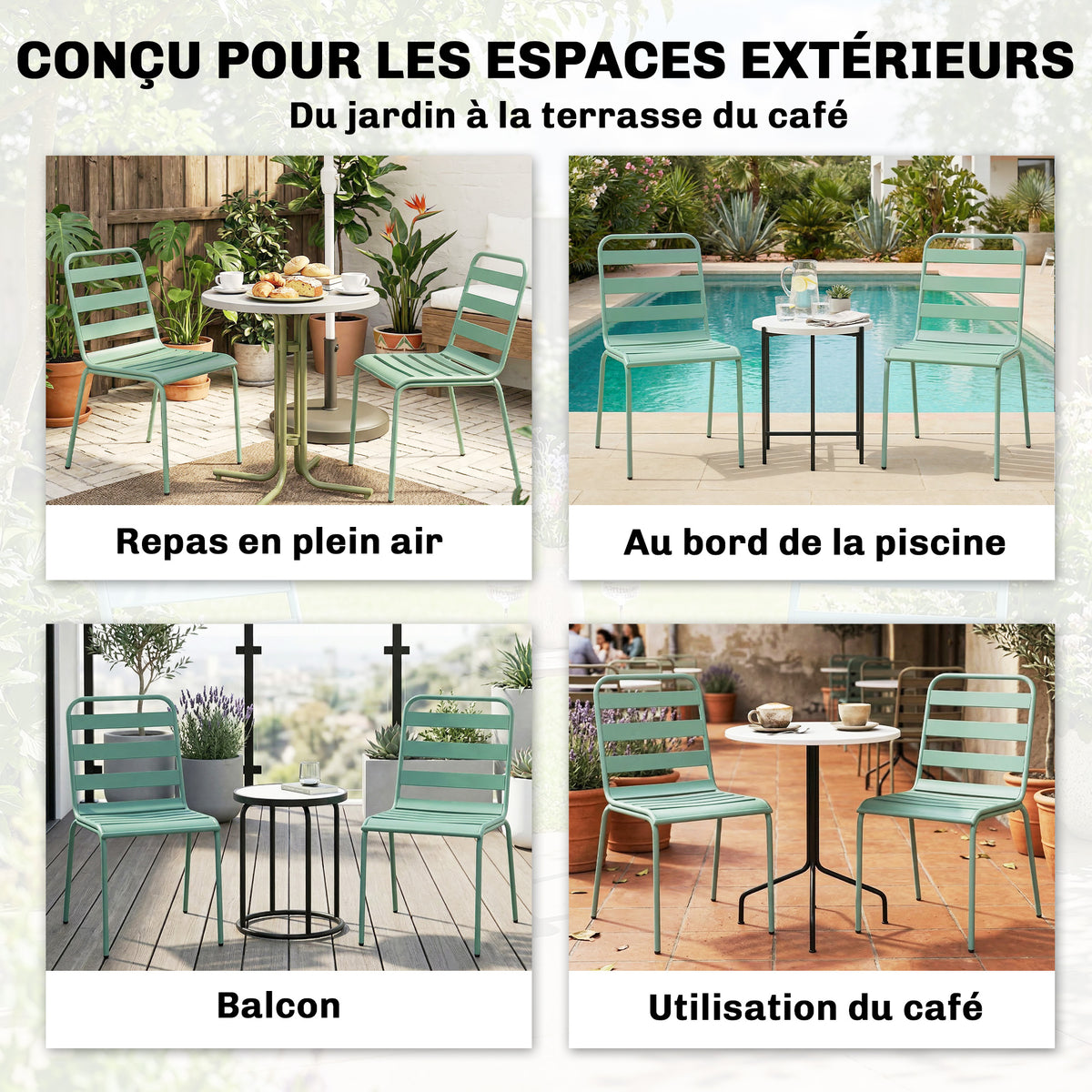 Lot de 2 Chaises de Jardin Empilables en Métal pour Terrasse, Balcon, Jardin, Vert-8