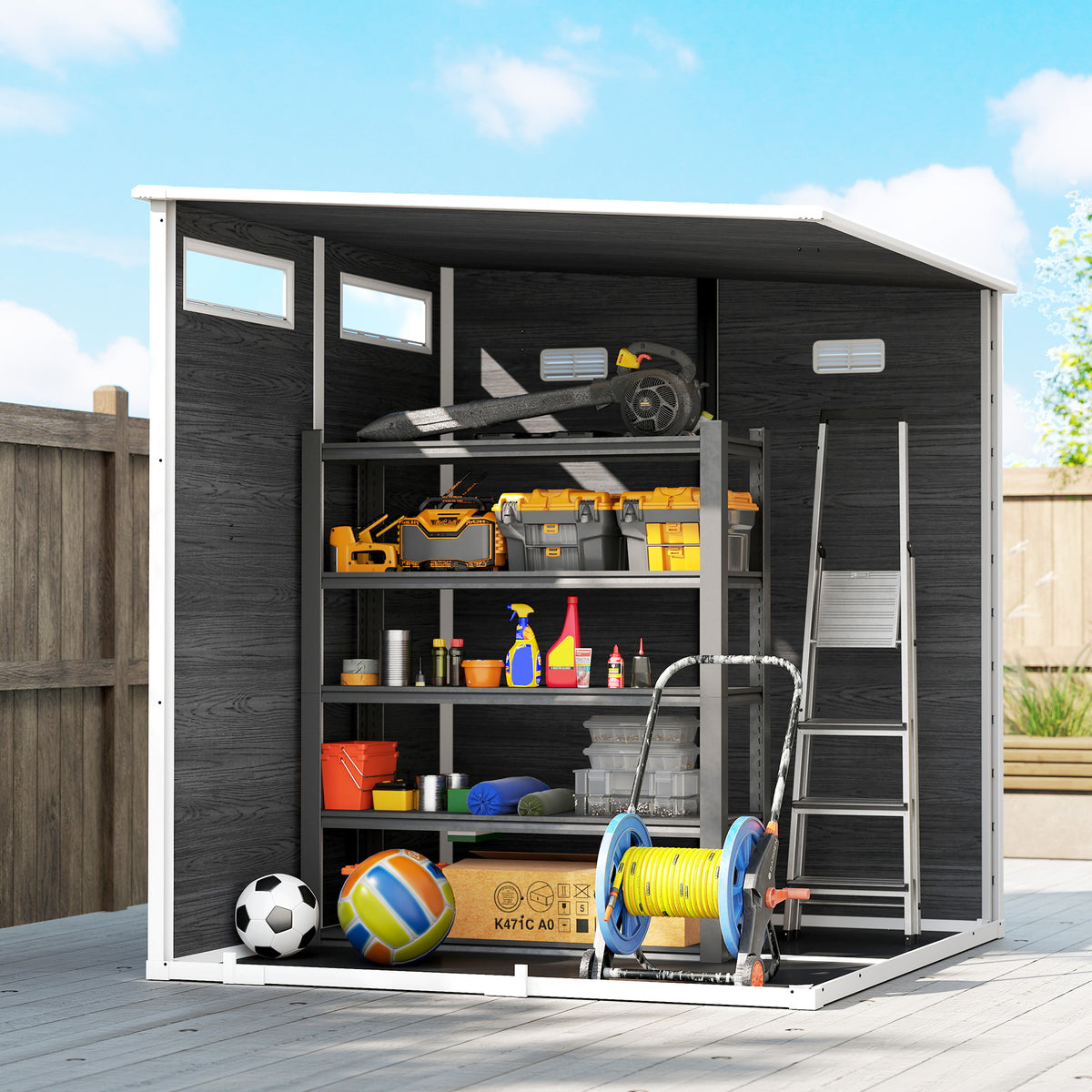 Abri de Jardin Cabanon de Stockage Plancher Structure Aluminium 3 Fenêtres 2 Aérations 182x182x183cm Gris Effet Bois-8