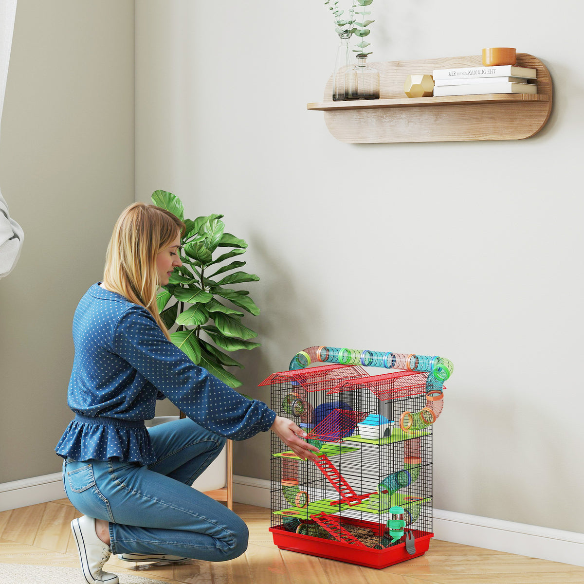 Cage pour hamster souris petit animaux rongeur avec tunnel mangeoire roue jouet 47 x 30 x 59 cm rouge-7