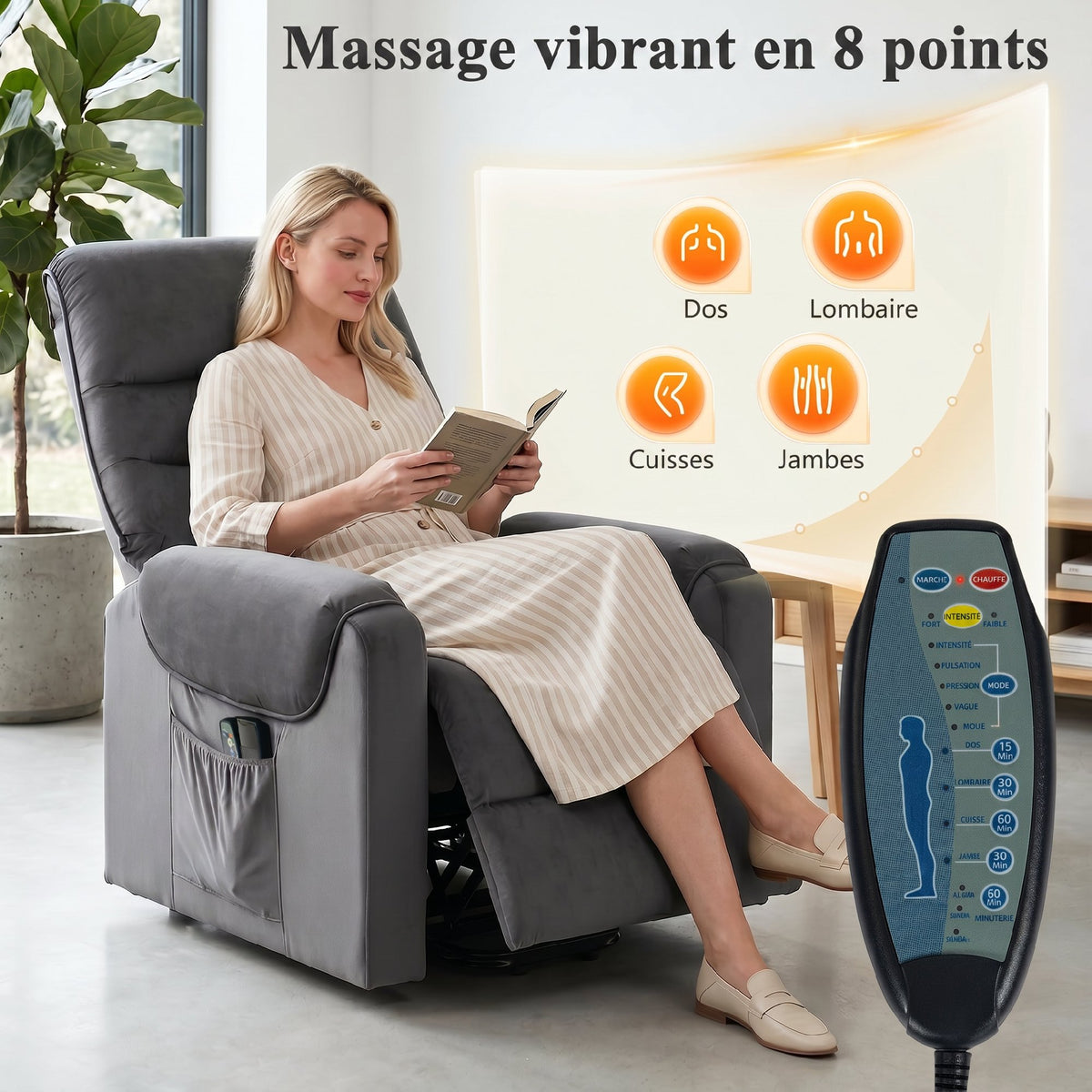 Fauteuil releveur électrique massage vibration et chaleur, fauteuil relax électrique en velours, gris foncé-4