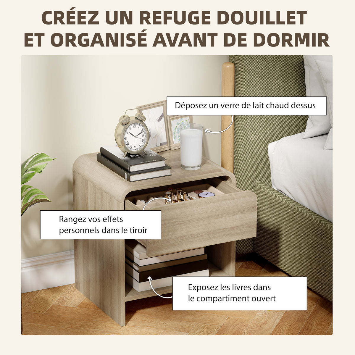 Lot de 2 Tables de Chevet, Compartiment Ouvert, Tiroir à Glissière Silencieuse, Style Scandinave, 40x35x45cm, Naturel-4