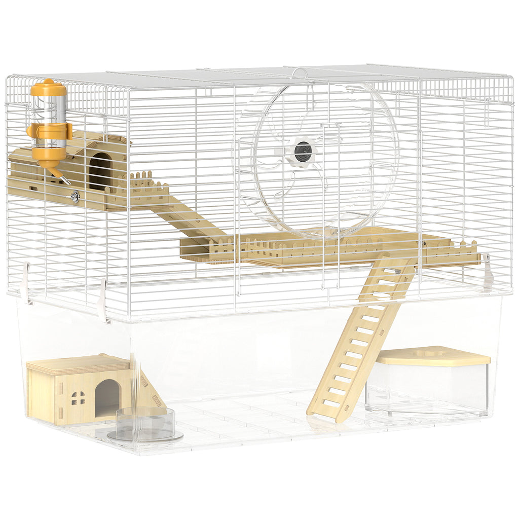 Cage à hamster à 3 niveaux, cage rongeur avec roue d'exercice, plateau profond transparent, 59 x 35,5 x 47 cm, blanc-0