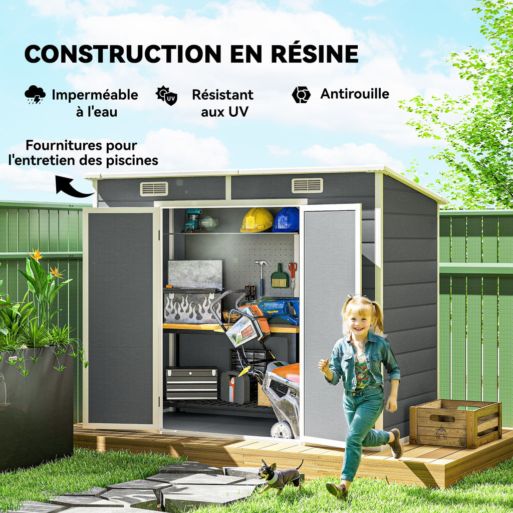 Abri de jardin extérieur 2,4 x 1,3 m, en résine avec plancher, fenêtre, portes verrouillables et aérations, gris-4