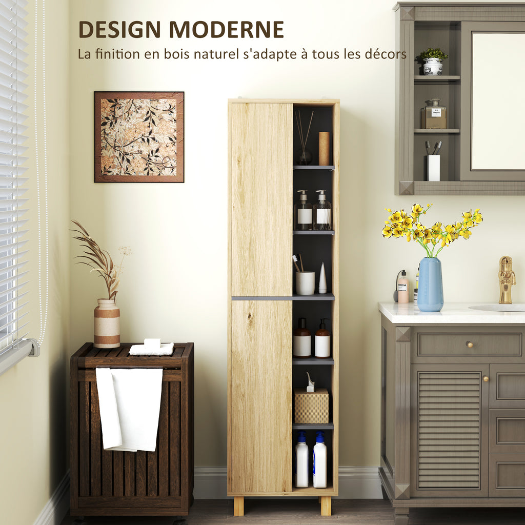 Meuble colonne salle de bain, armoire de salle de bain avec 6 compartiments ouverts et 2 placards, bois naturel-4