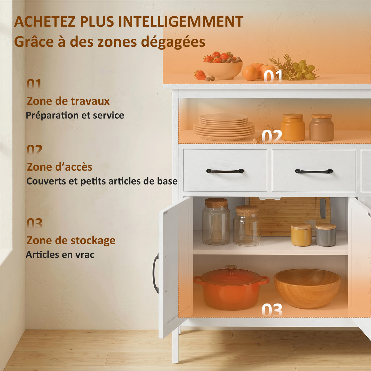 Buffet cuisine, meuble de rangement, 3 portes, 3 tiroirs, compartiment ouvert et étagères réglables, 95x35x88cm, blanc-3