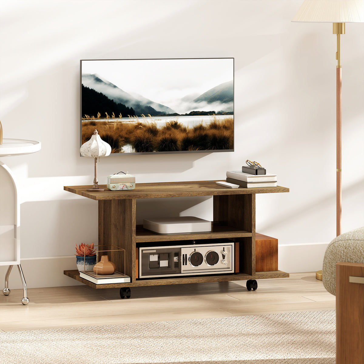 Meuble TV avec roulettes 80 cm, meuble télé pour téléviseur jusqu'à 42 pouces avec étagères ouvertes, noyer-9