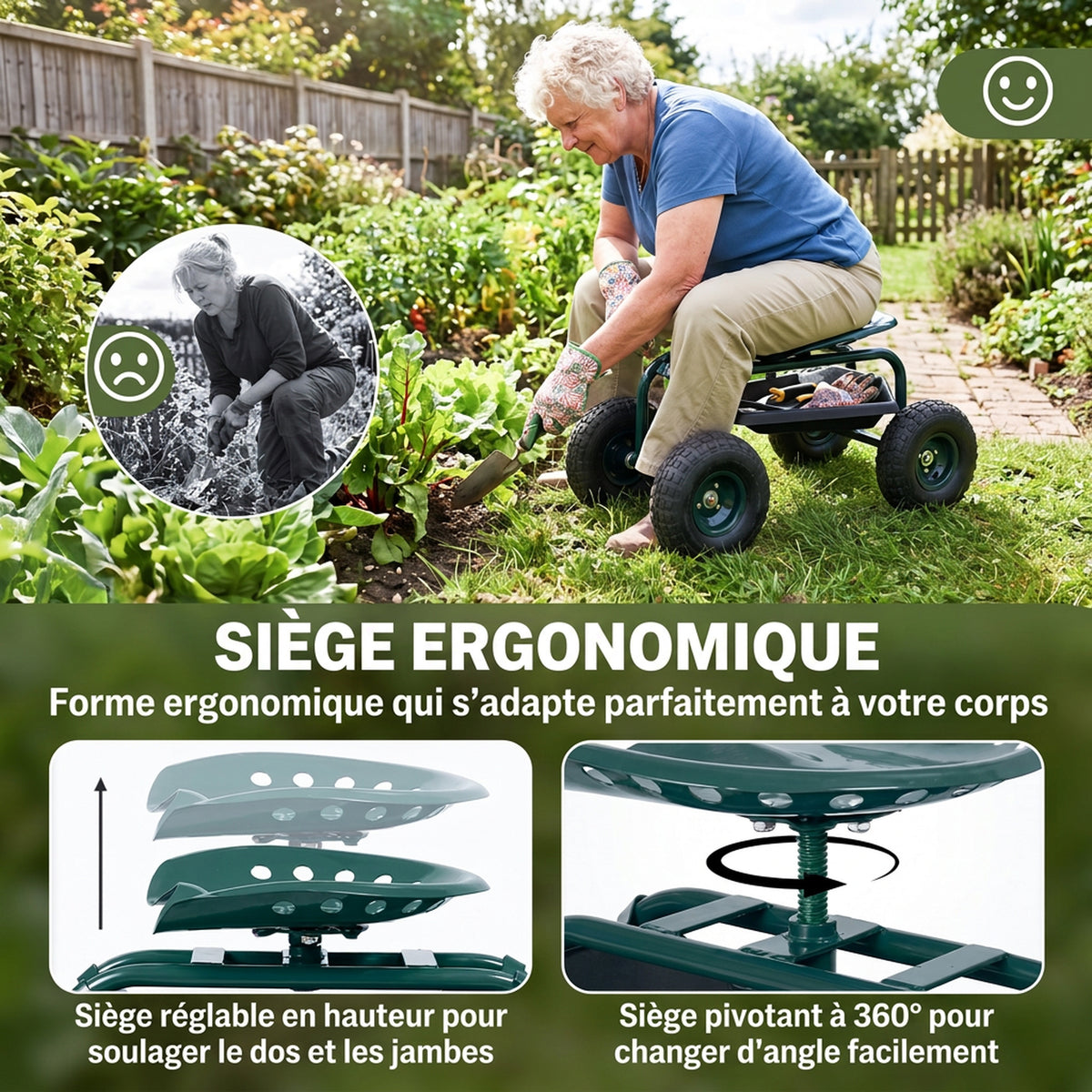 Siège de jardin chaise roulante pivotant à 360° et réglable en hauteur avec plateau à outils charge max. 150 Kg vert-3