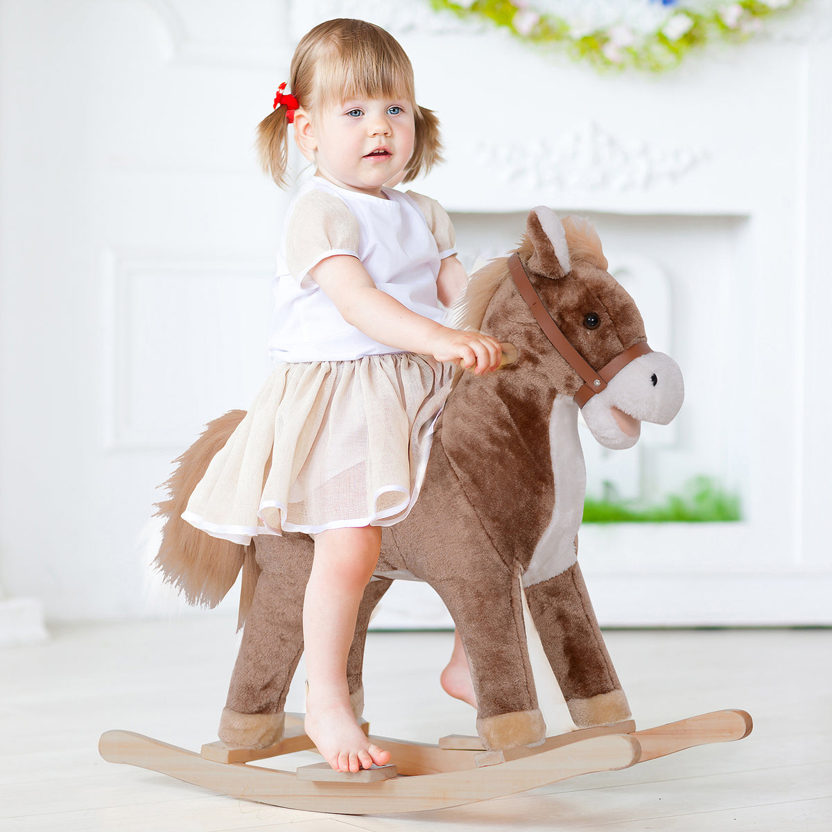 Cheval à Bascule Cheval de Cowboy Selle Grand Confort pour Enfants de 36+Mois Peluche Courte Douce Bois peuplier Charge 40 Kg Marron-1