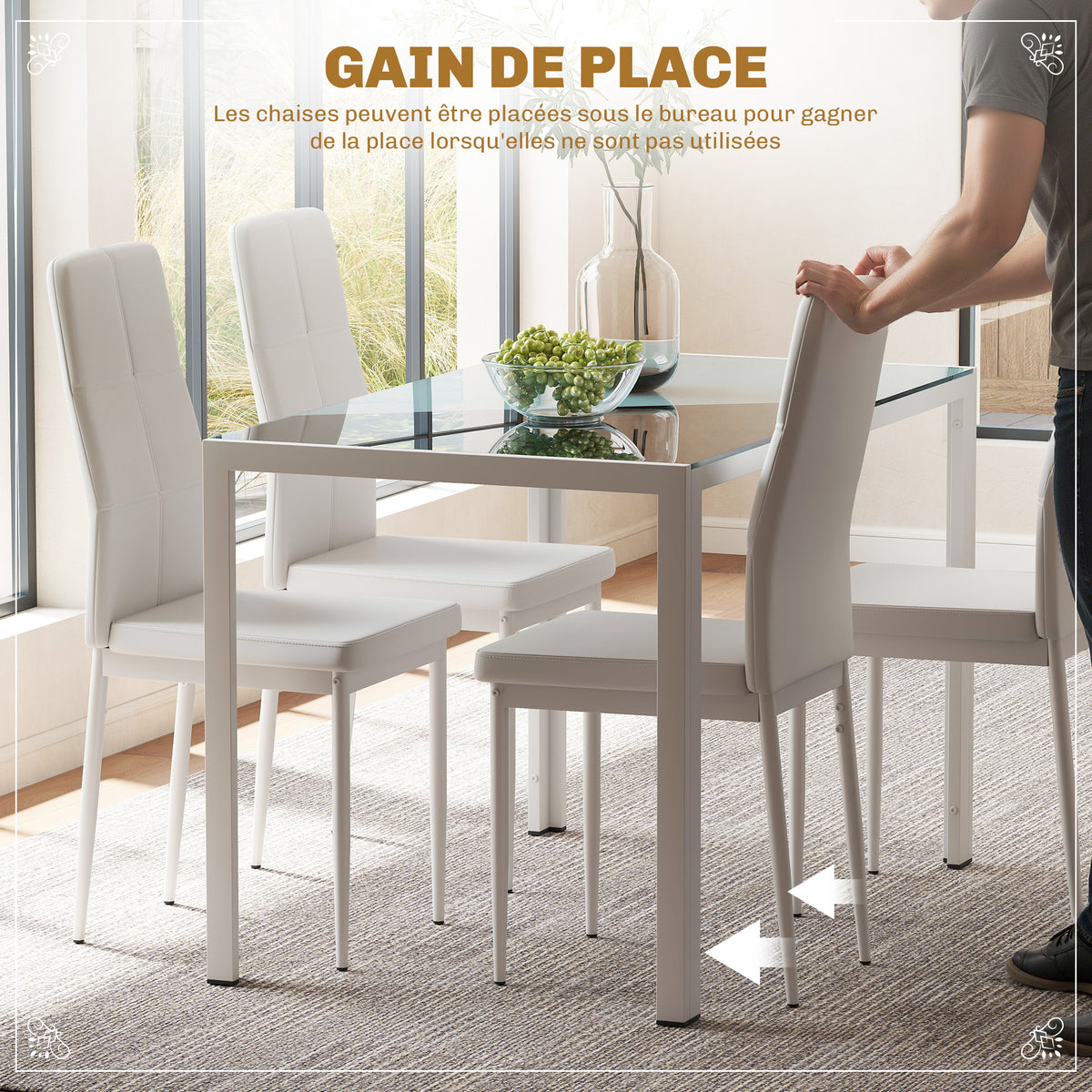 Ensemble table à manger et chaises pour 4 personnes, plateau rectangulaire en verre, pour cuisine salon maison, blanc-3