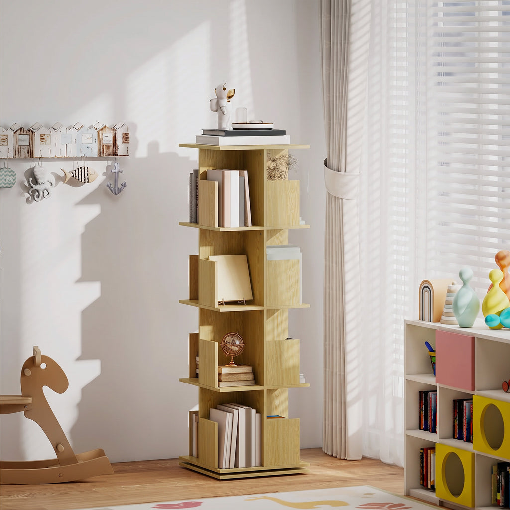 Bibliothèque Rotative à 4 Niveaux, Étagère Rangement avec 16 Compartiments, 39 x 39 x 128,3 cm, Chêne-6