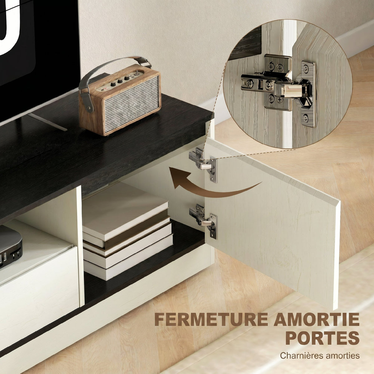 Meuble TV pour Télévision jusqu'à 60" avec 2 Armoires, 1 Étagère Ouverte, 1 Tiroir, Moderne, 140x35x40cm, Noir et Blanc-4