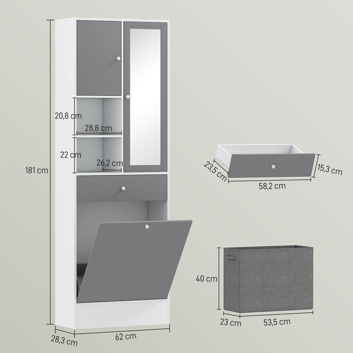 Meuble de salle de bain avec panier à linge et miroir étagère réglable 62 x 28,3 x 181 cm gris et blanc-2