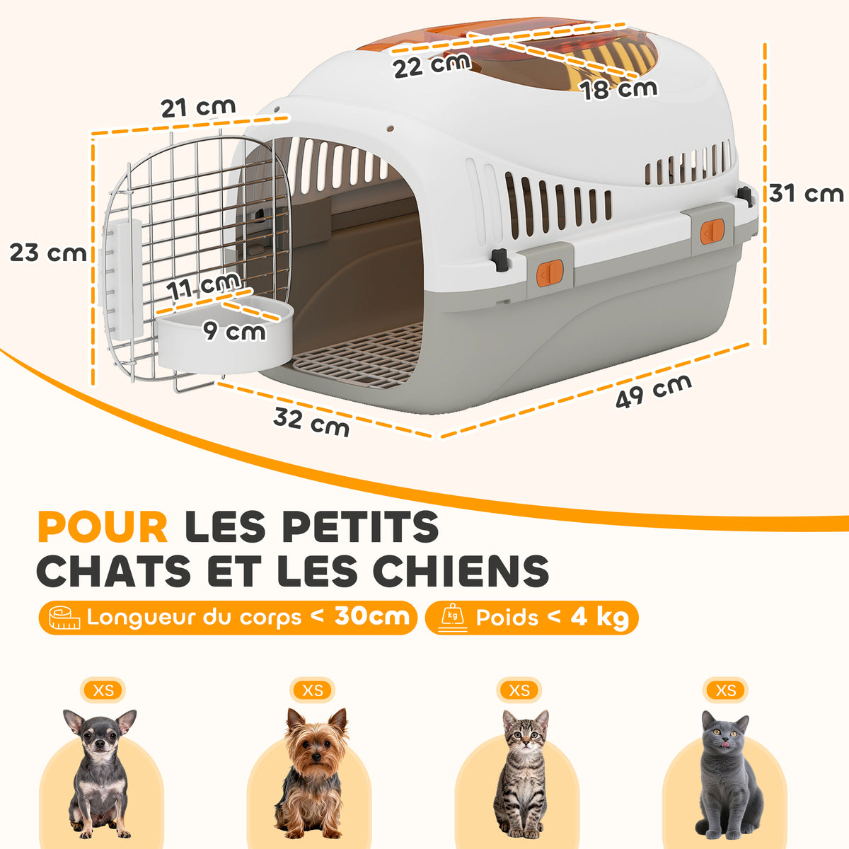 Caisse de transport chat et chien, cage de transport avec porte acier, bol de nourriture, 49 x 32 x 31 cm, gris et crème-2