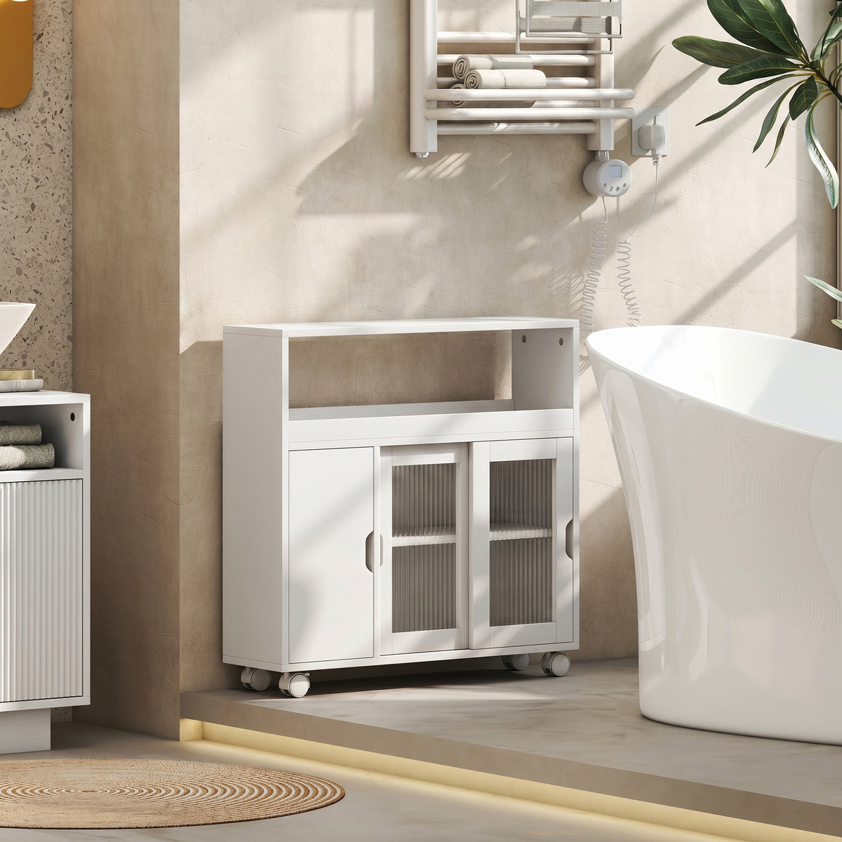 Meuble de Salle de Bain sur Roulettes, Portes en Verre Trempé, Compartiment Ouvert, Étagère Réglable, 71x20x70cm, Blanc-1