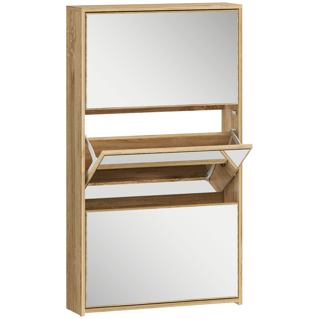 Meuble à chaussures 9 paires, armoire à chaussures étroite, 3 tiroirs rabattables portes miroirs, 65x17x114,5cm naturel-0