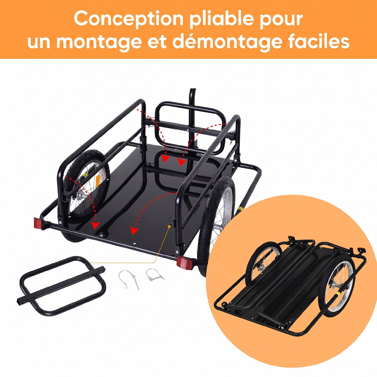 Remorque vélo remorque de transport pour vélo 70 L 155L x 71,5l x 77H cm poignée barre d'attelage universelle pliable acier Charge max. 40 Kg noir-4