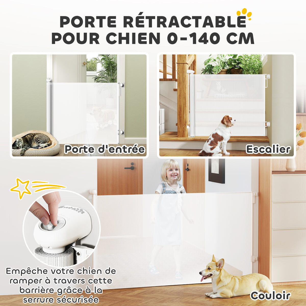 Barrière rétractable pour chien de 0 à 144 cm barrière d'escalier et de portes pour chien chat avec verrouillage blanc-3