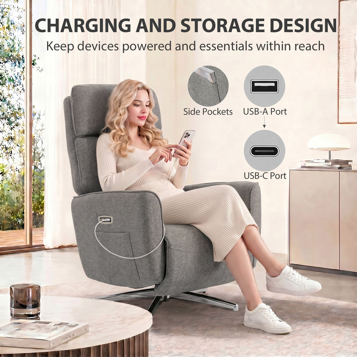 Fauteuil Relax Électrique Pivotant 360°, Fauteuil Inclinable avec Appui-Tête Réglable, Ports USB, Tissu en Lin, Gris-8