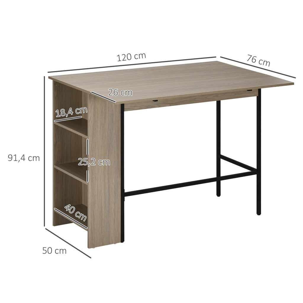 Ilot centra table de bar plateau latéral  rabattable et 3 étagères 120 x 76 x 91,4 cm gris clair-2