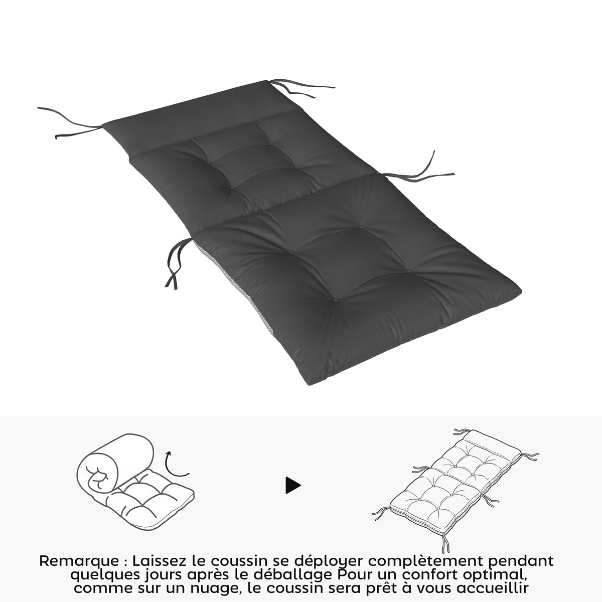 Lot de 4 coussins pour chaises de terrasse, résistants à l'eau, antidérapants, avec liens, 112x53cm, Gris Foncé-6