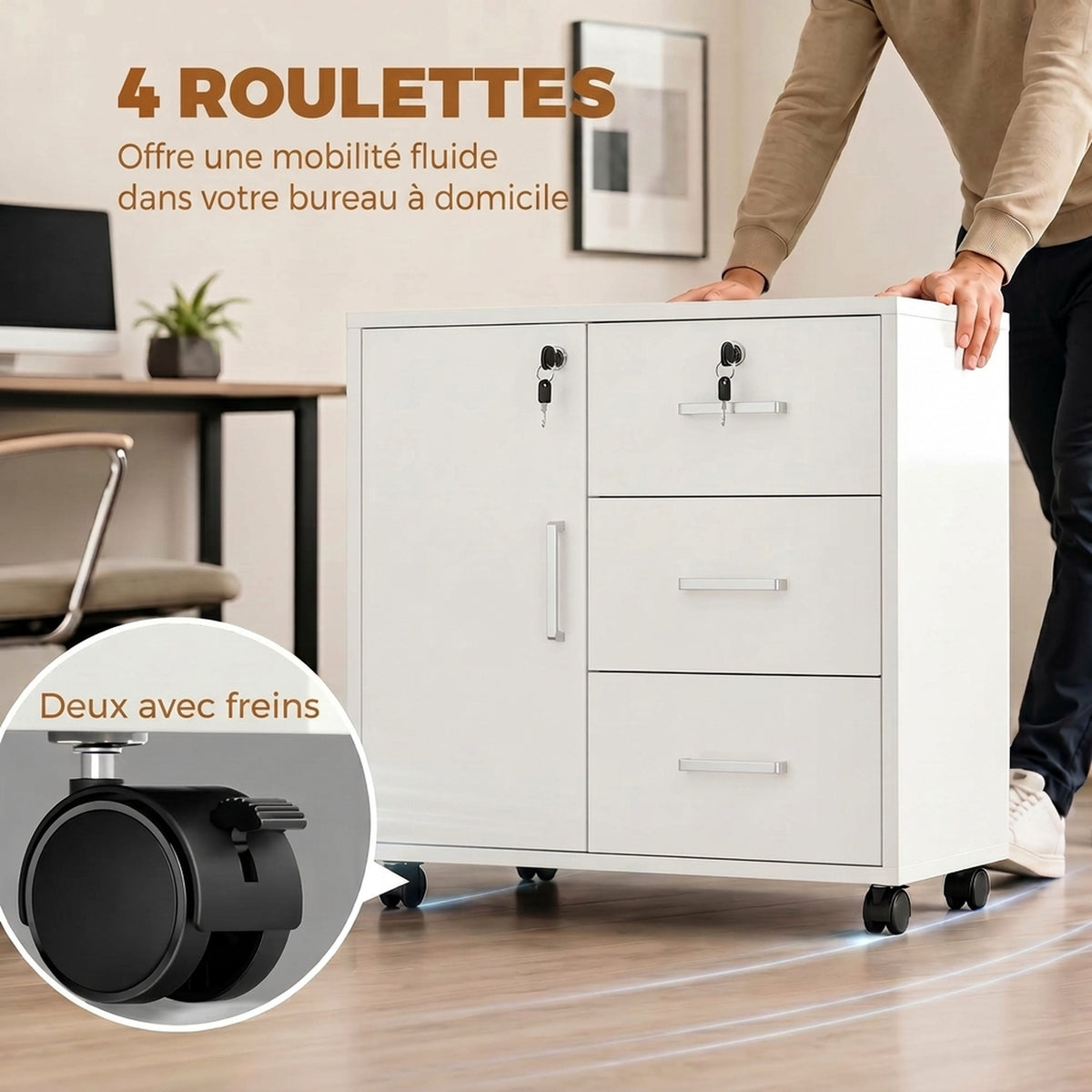 Caisson bureau meuble de rangement verrouillable avec 3 tiroirs et étagère réglable, roulettes, 40 x 60 x 56 cm, blanc-6