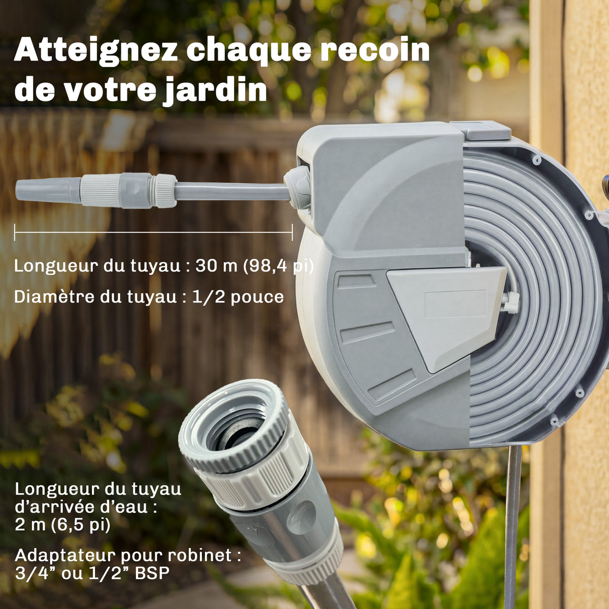 Enrouleur Tuyau Arrosage Mural 30+2 m x Ø 15mm, Dévidoir de Tuyaux d'Eau Rétractable Automatique Pivotant à 180°, Gris-3