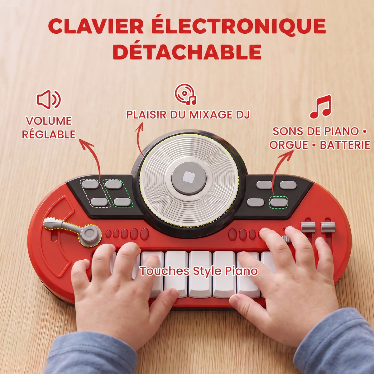 Kit de Batterie pour Enfants avec Tabouret, Clavier Électronique, Microphone, Connecté via USB, 77,5x40x76,5cm, Rouge-5