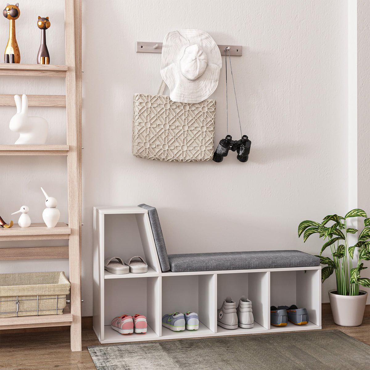 Bibliothèque banc 2 en 1 avec 5 compartiments de rangement et 2 coussins 108 x 30 x 60 cm blanc gris-8