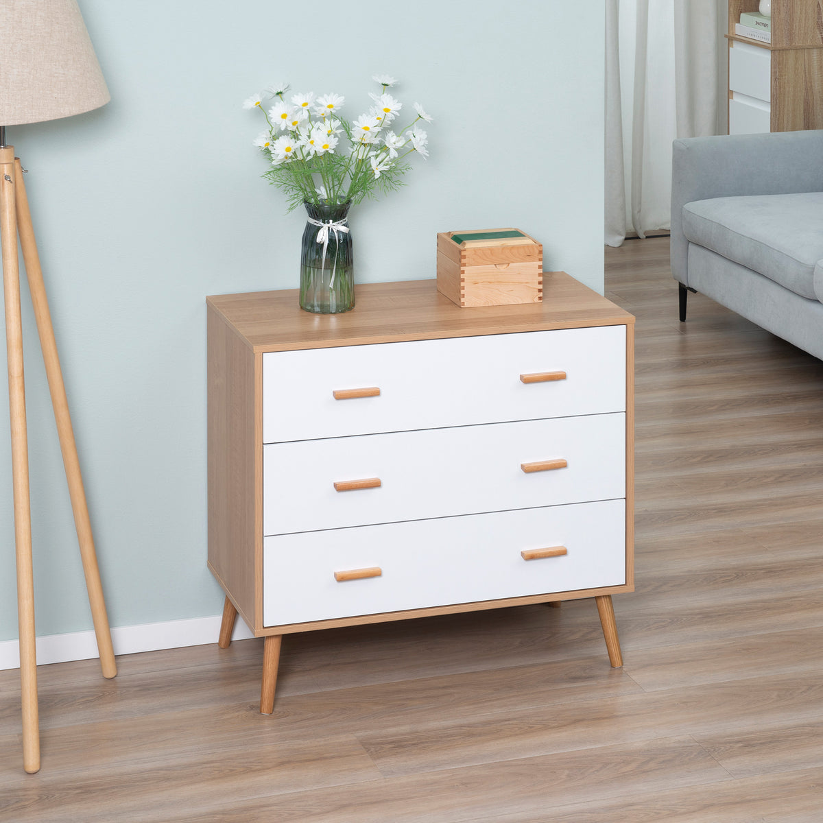 Commode Design scandinave 3 tiroirs coulissants Pieds effilés inclinés Panneaux Particules Aspect Bois Clair-8