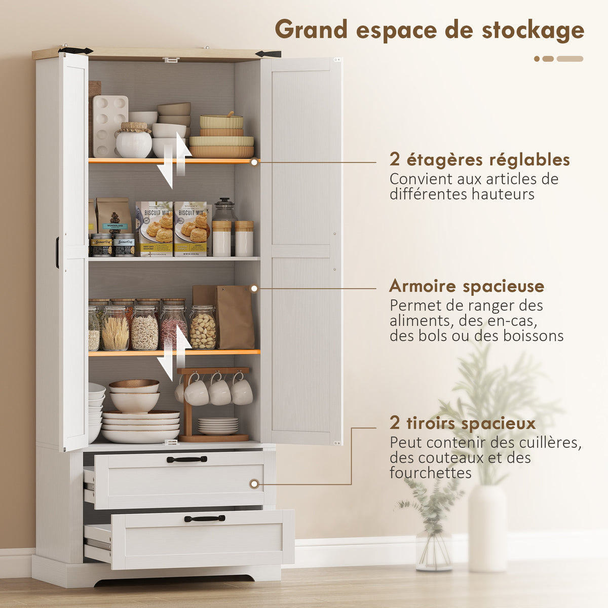 Buffet haut cuisine, armoire de cuisine avec 2 portes, 2 tiroirs, étagères réglables, style rustique, 76x40x180cm, blanc-3