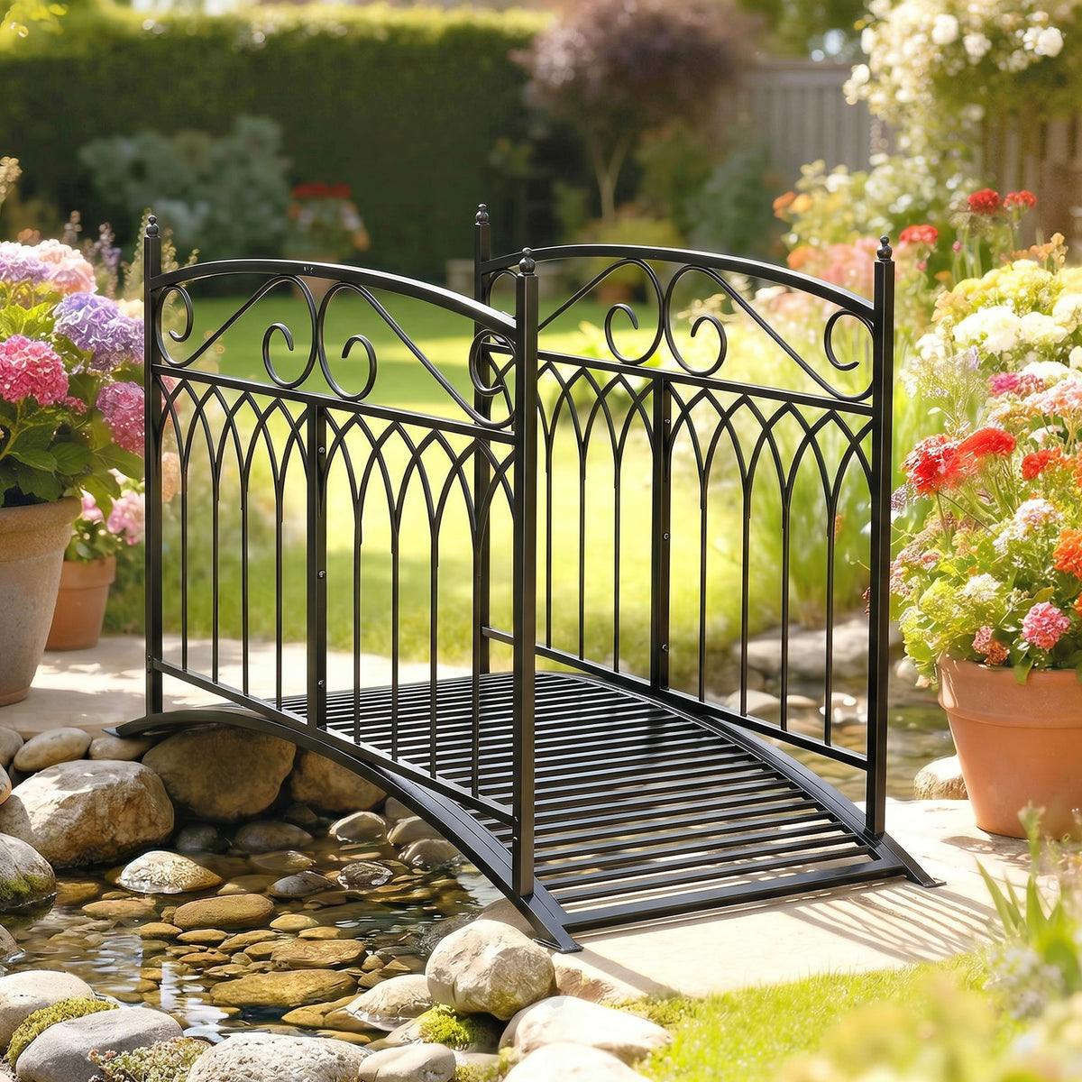 Pont de Jardin en Métal Style Baroque Passerelle Décorative avec Garde-Corps 91cm et Charge 100kg Noir-1