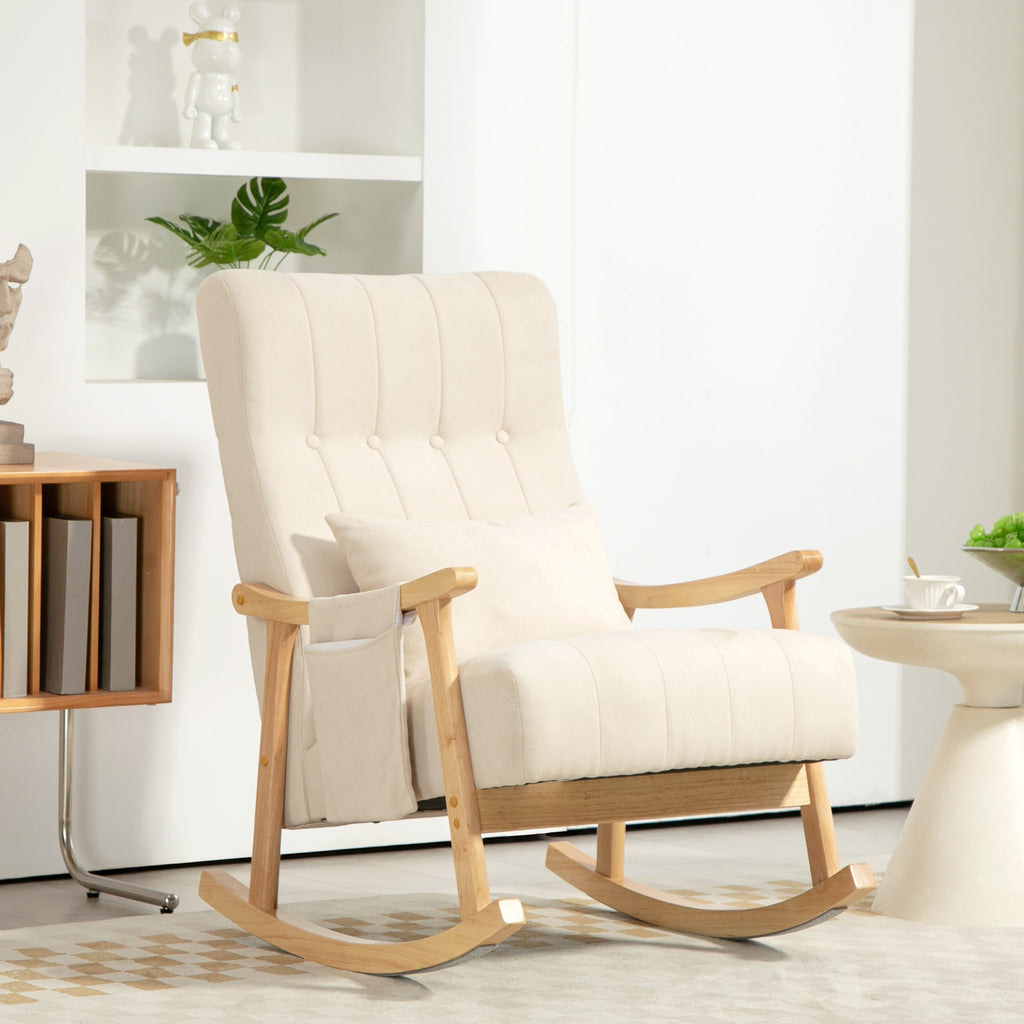 Fauteuil à bascule, Rocking Chair en Tissu Efft Lin, Coussin Lombaire, Assise Rembourrée, Pieds en Bois d'Hévéa, Beige-1
