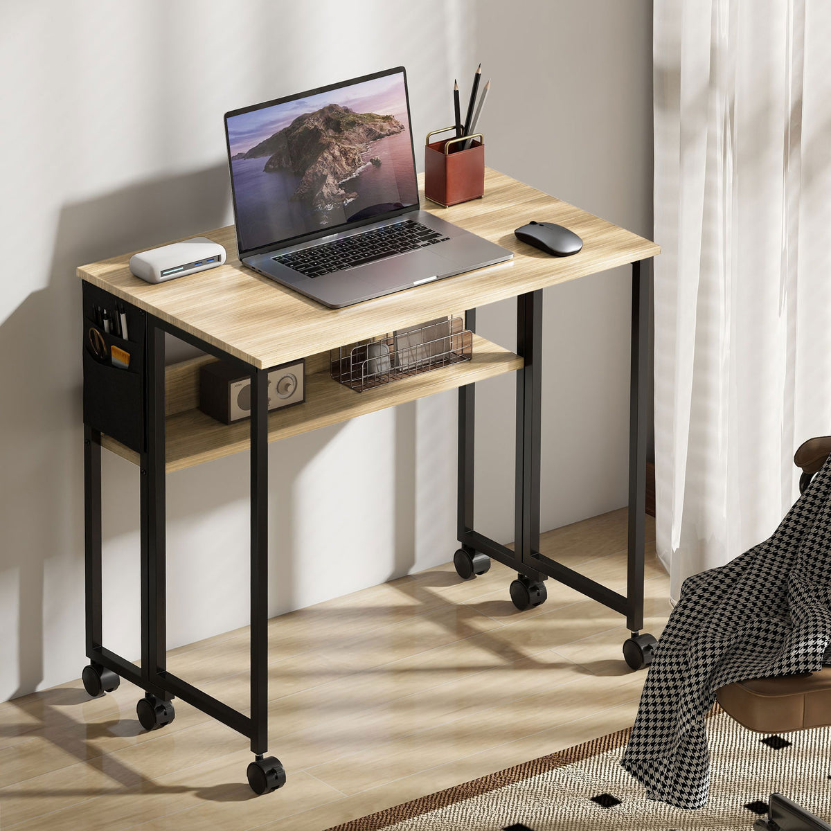 Bureau pliable sur roulettes 80 x 50 cm avec étagère et sac de rangement, chêne-6