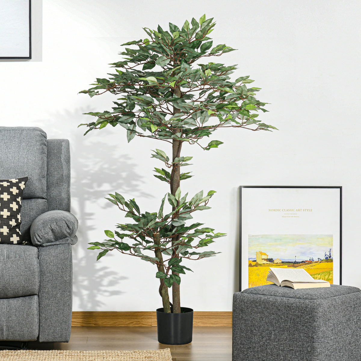 Arbre Artificiel Plante Artificiel ficus Hauteur 1,5 m Tronc Branches Liane Lichen Feuilles Grand réalisme Pot Inclus-1