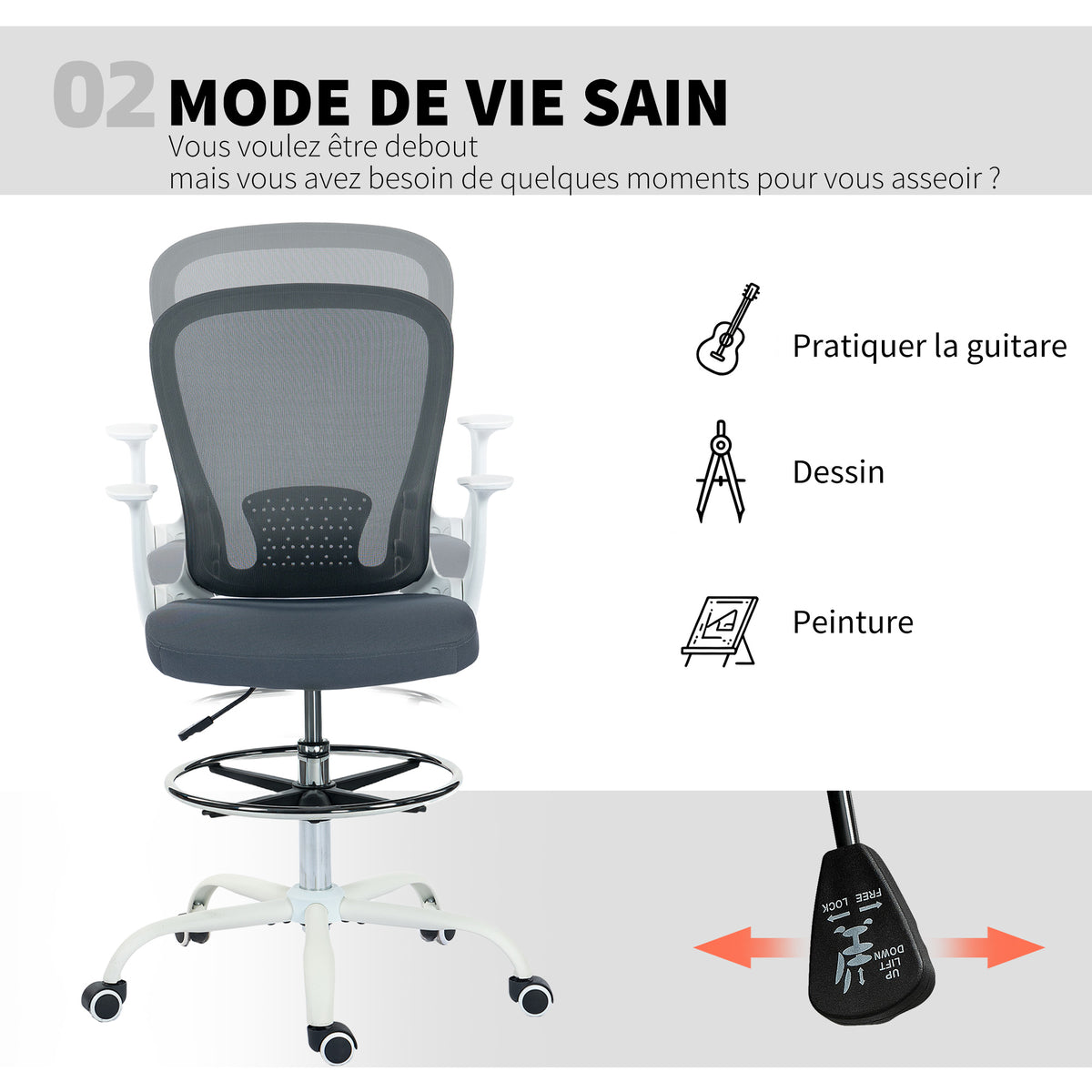 Chaise bureau ergonomique avec repose-pieds ajustable et accoudoirs relevables, hauteur réglable, 59x62x99-119cm, gris-4