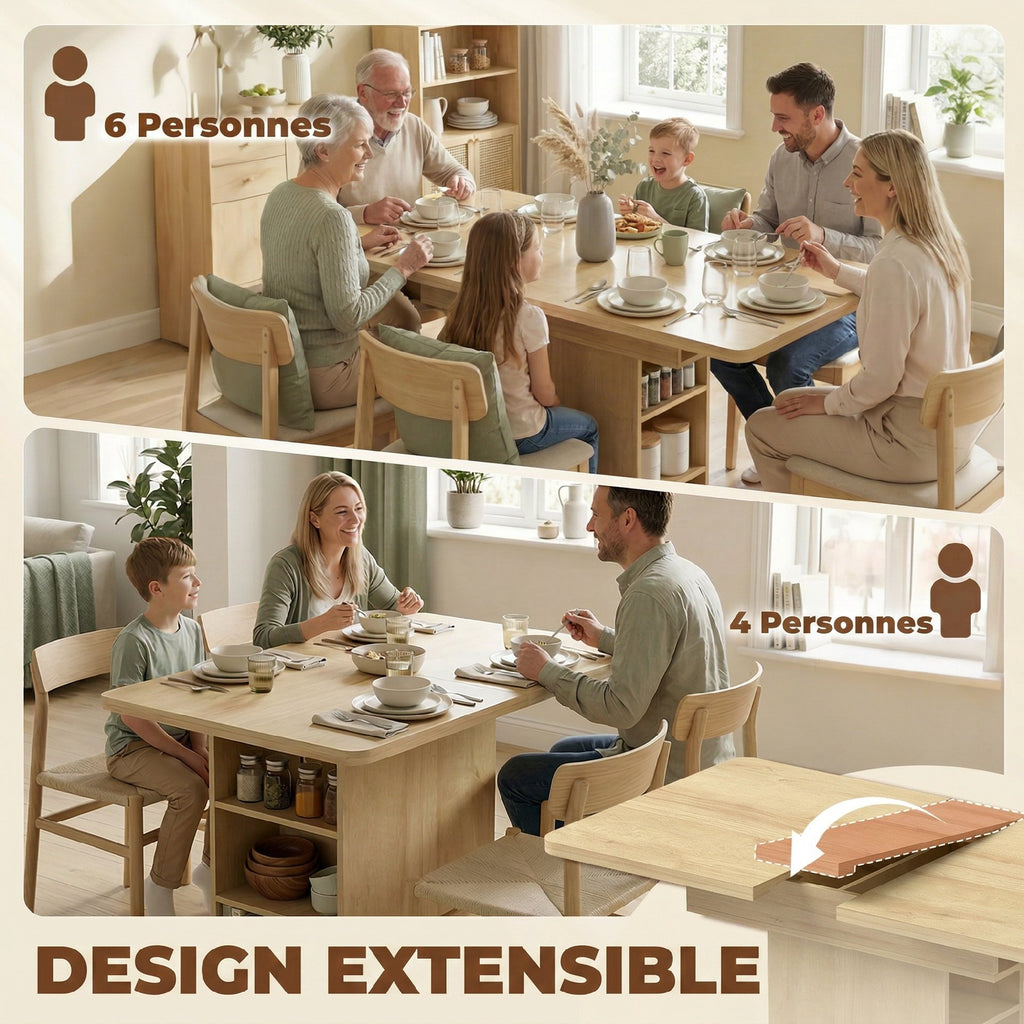 Table à manger extensible rectangle pour 4 à 6 personnes, table de cuisine 110-130 cm, 6 étagères ouvertes, bois naturel-3