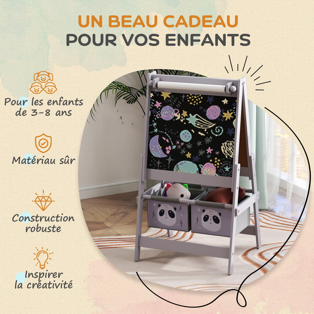 Tableau chevalet enfant ardoise double face tableau à craie rouleau papier 2 paniers 54 x 46,5 x 93 cm gris-5