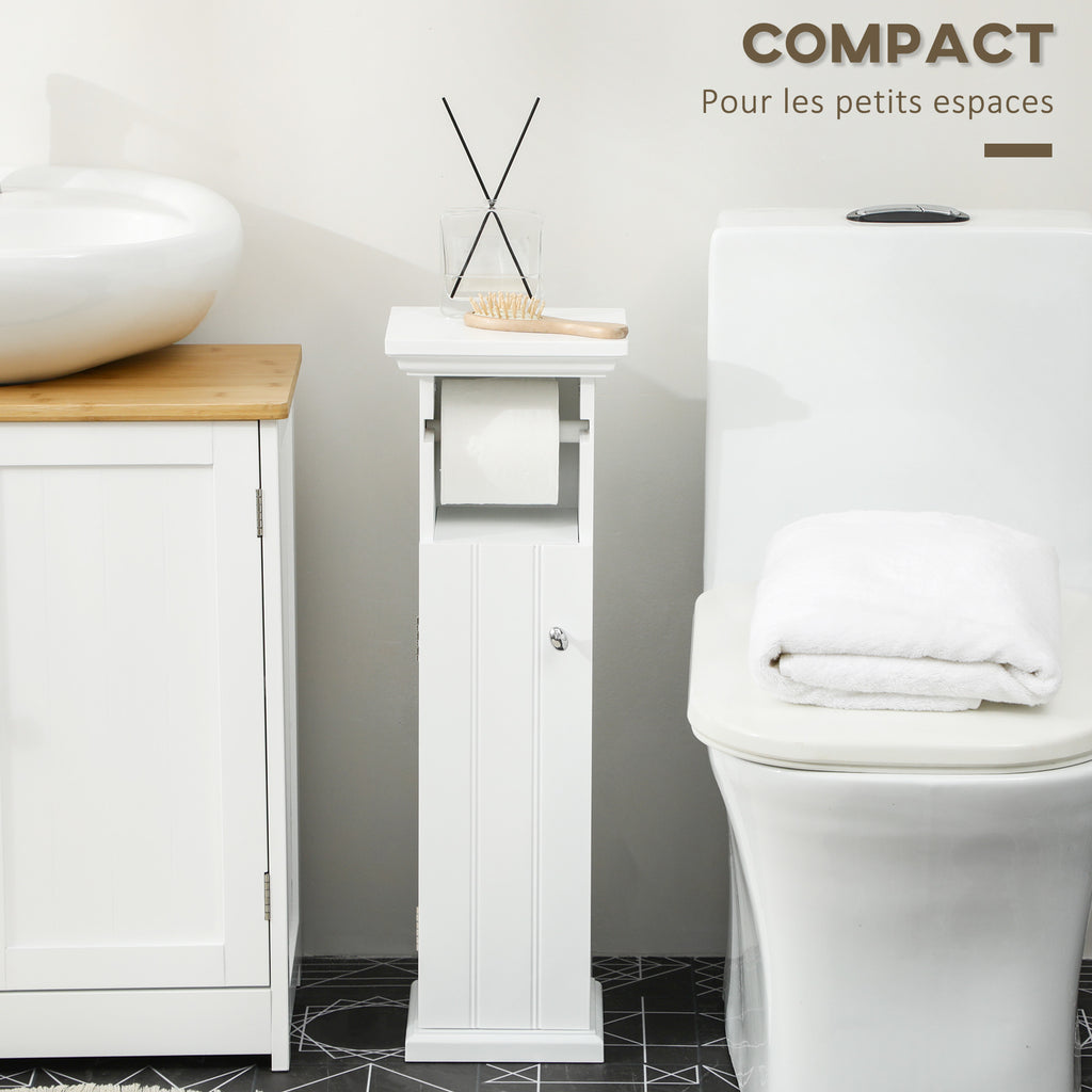 Meuble de salle de bain support papier toilette avec placard et sortie papier en bois blanc-5