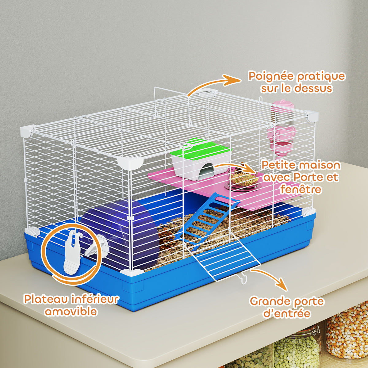 Cage Hamster, Cage Rongeur à 2 Niveaux, Base Amovible pour Nettoyage Facile, Cabane, Roue d'Exercice, 47x30x27cm, Bleu-4